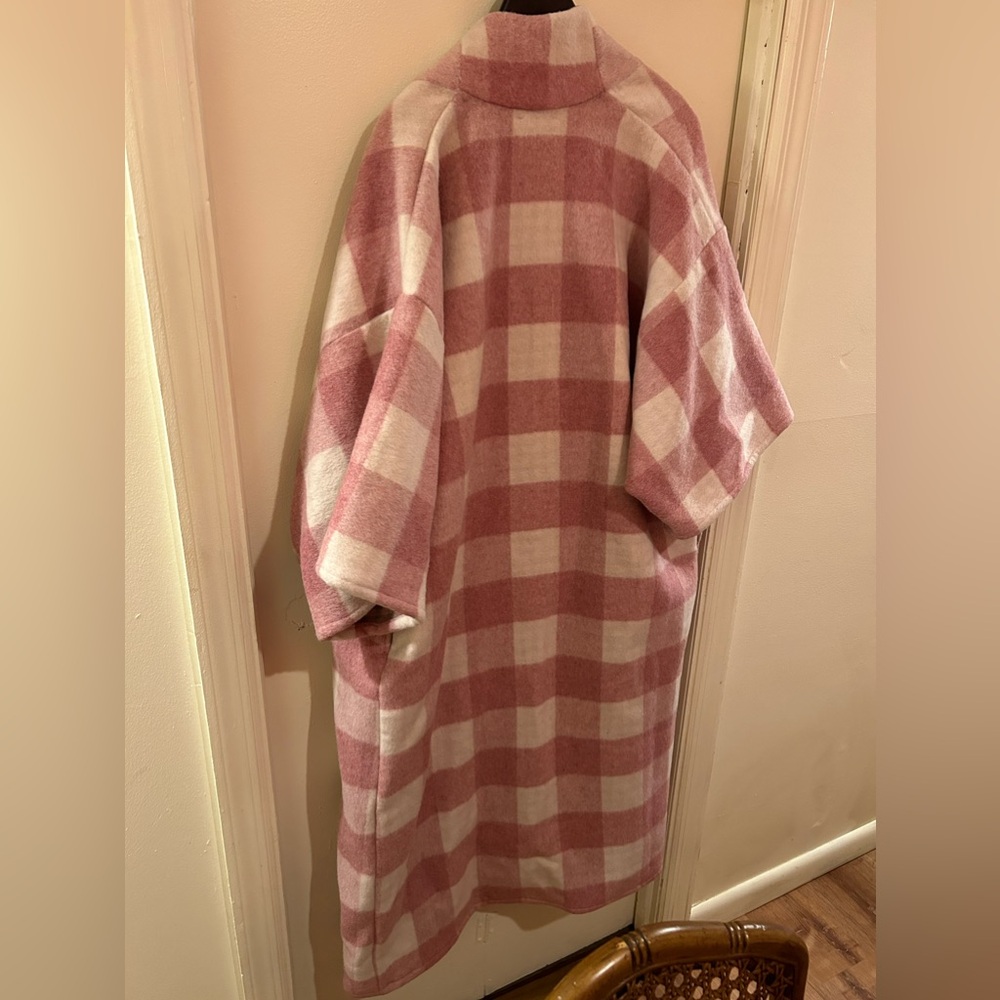 Women’s Pink Check Wool-Blend Long Coat - Picture 4 of 5